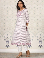 Thumbnail for Ode by House of Pataudi White Floral Printed Pure Cotton A-Line Kurta - Distacart