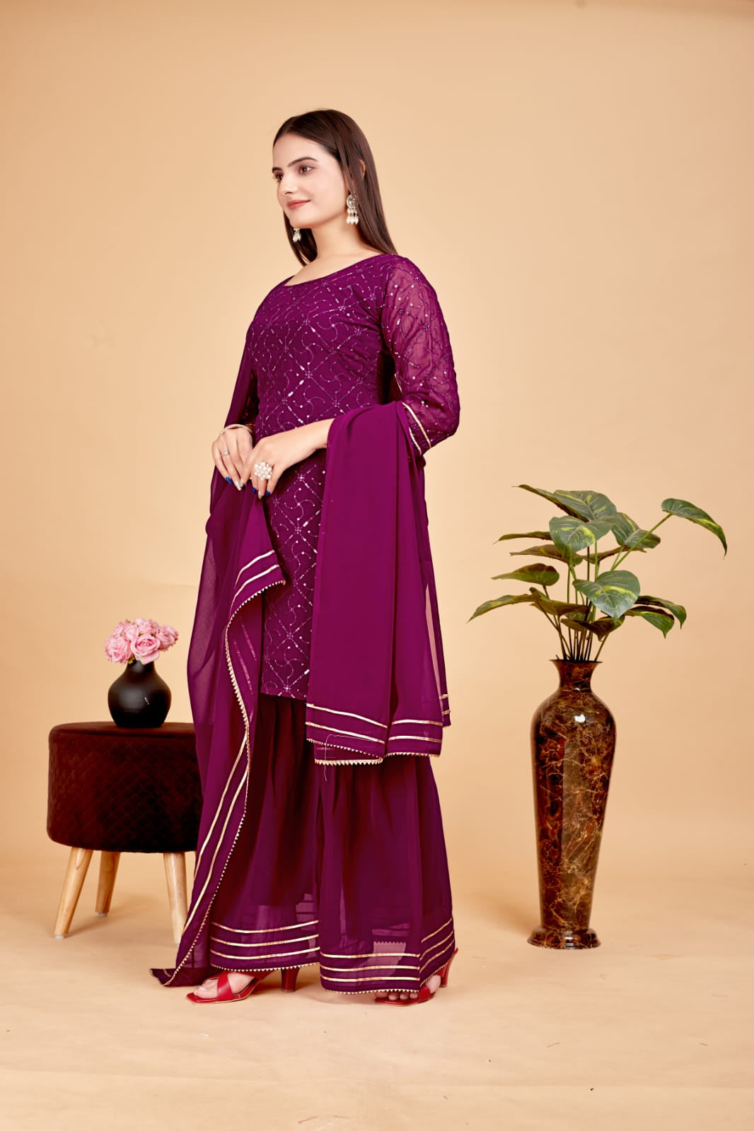 Women's A-Line Purple Kurta and Sharara With Dupatta Set - A2M - Distacart