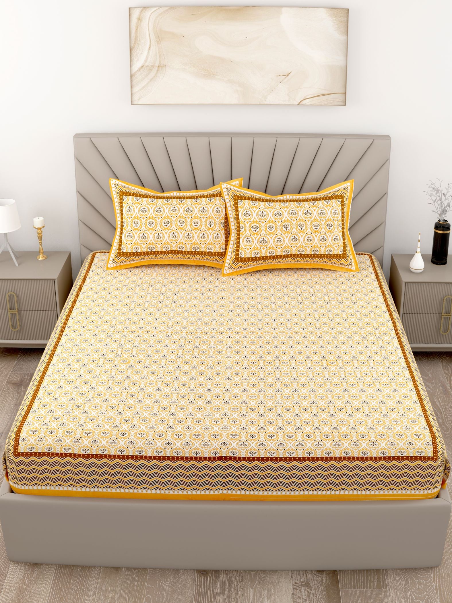 Yellow Floral Printed Cotton 200TC King Bedsheet With 2 Zipper Pillow Covers - King Size by House of Ree - Distacart
