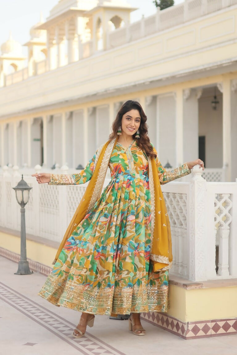 Jyoti Fashion Women's Green Russian Silk Sequins Zari Embroideredy Anarkali Dress with Dupatta - Distacart