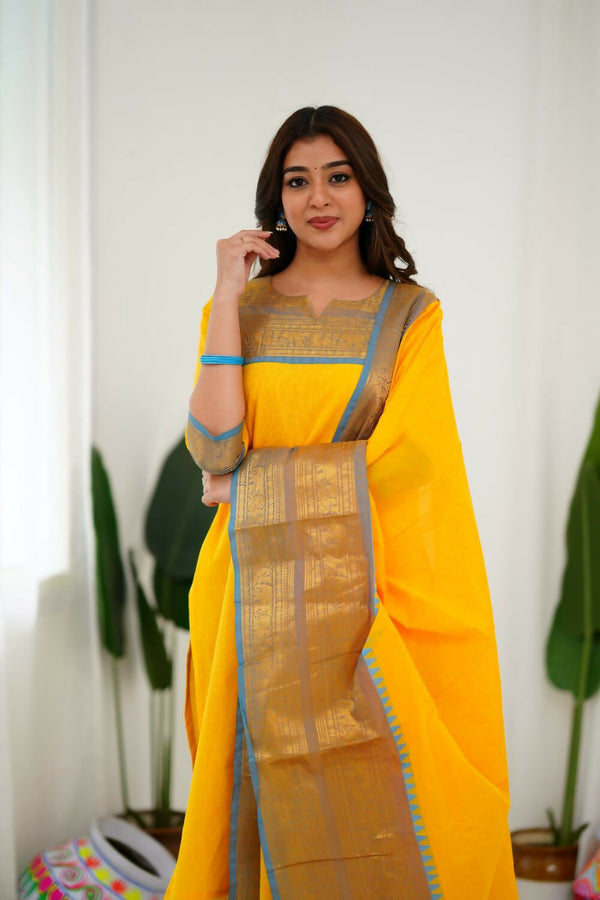 Divine Drape Women's Cotton Printed Straight Kurta With Dupatta - Yellow