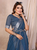 Thumbnail for Anaita Navy Blue Weaving Linen Cotton Saree With Blouse - Distacart