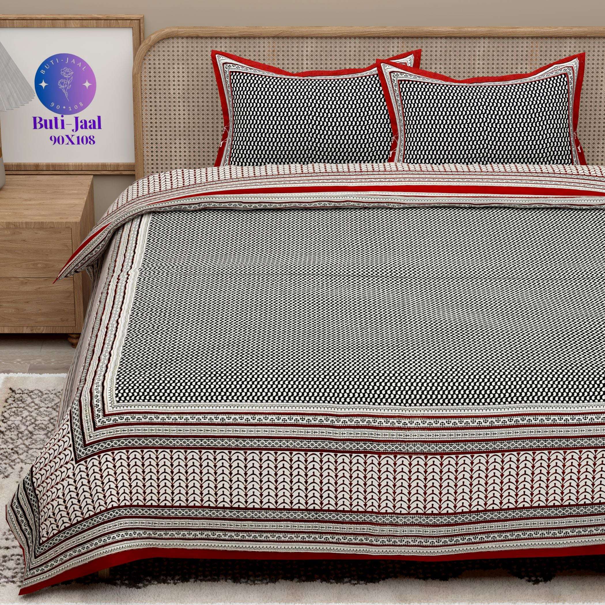 Red Brown Handblock Printed Cotton 200TC King Bedsheet With 2 Zipper Pillow Covers - King Size by House of Ree - Distacart