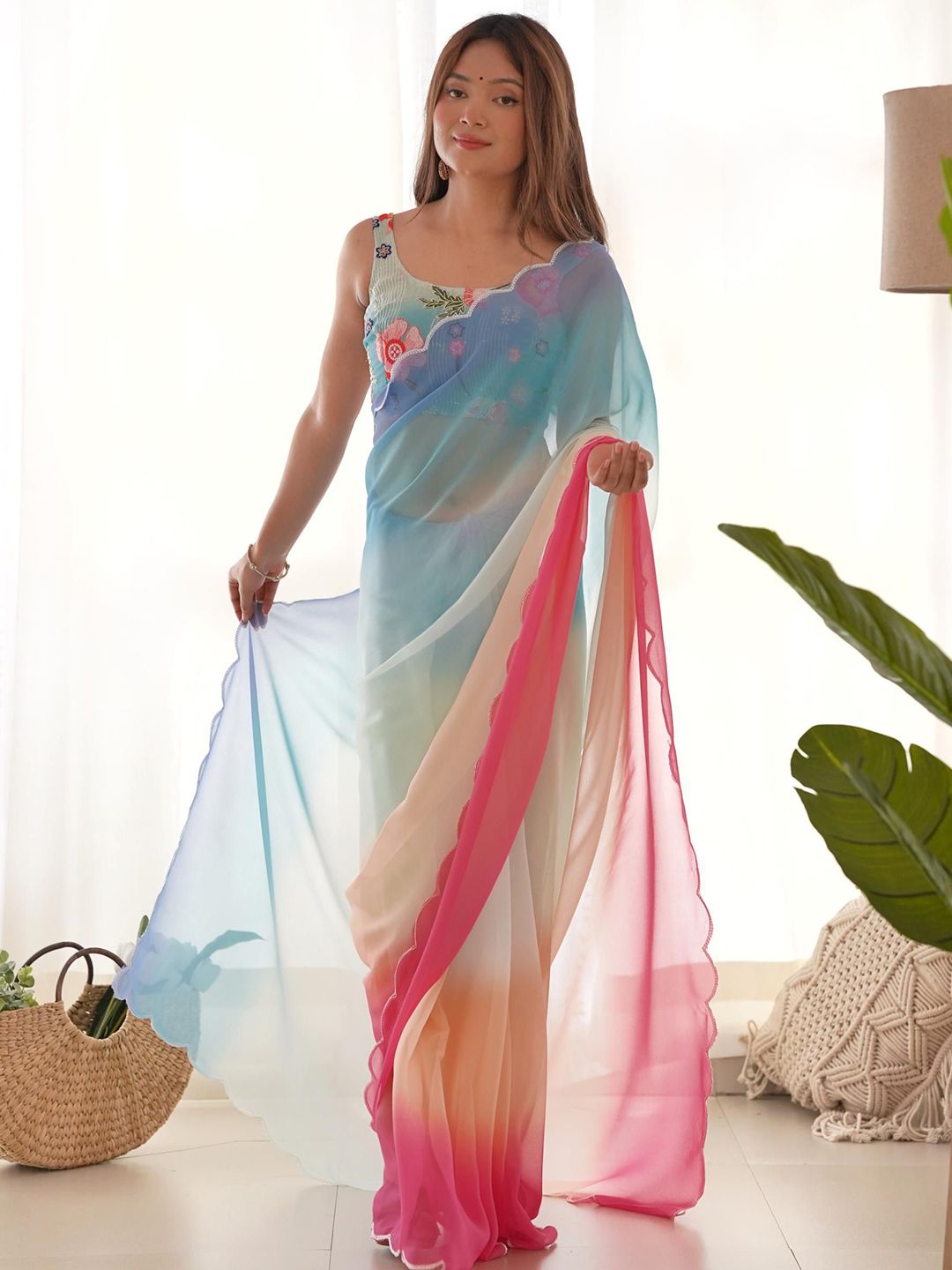 Mitera Embroidered Ombre Pure Georgette Saree - Distacart