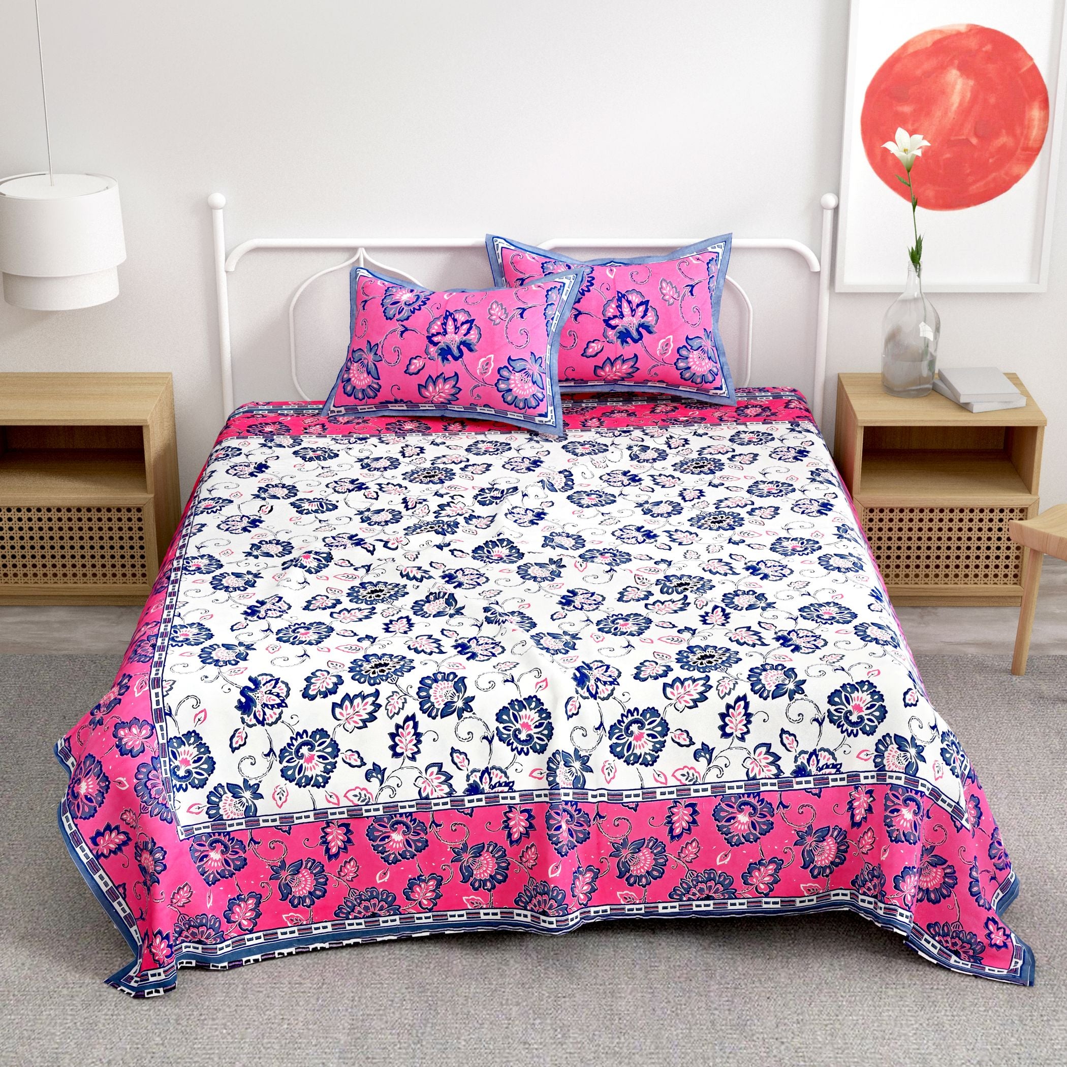Pink Floral Printed Cotton 300TC Super King Bedsheet With 2 Zipper Pillow Covers - King Size by House of Ree - Distacart