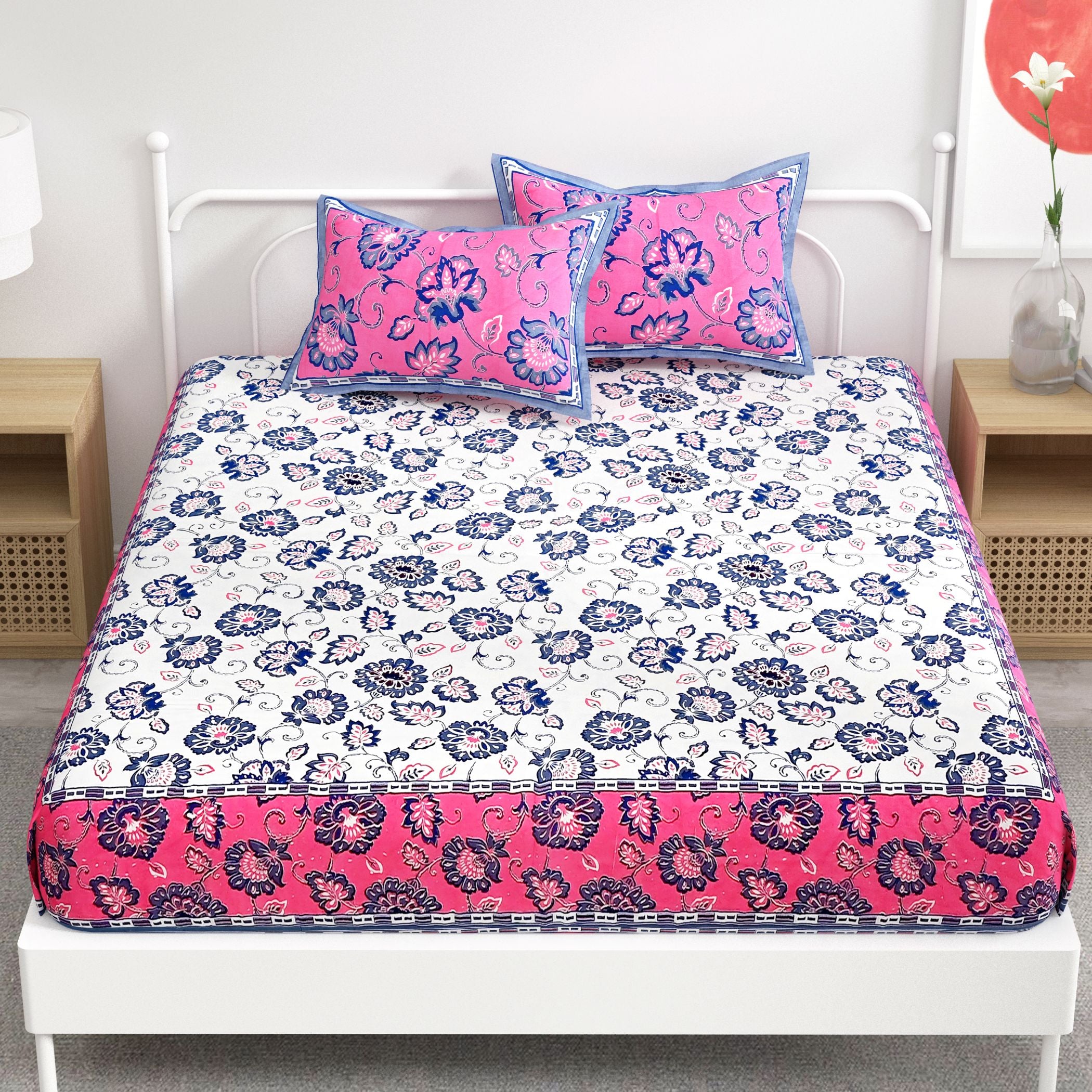 Pink Floral Printed Cotton 300TC Super King Bedsheet With 2 Zipper Pillow Covers - King Size by House of Ree - Distacart