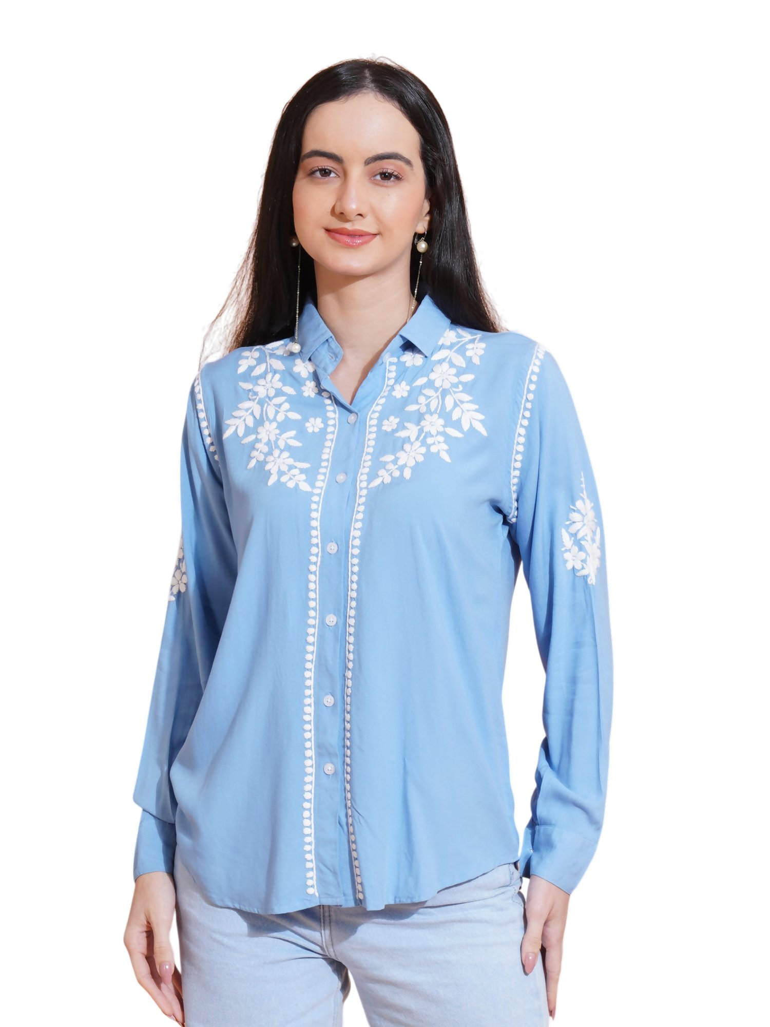 Pahnaz Modal Chikankari Handwork Shirt-Blue - Dista
