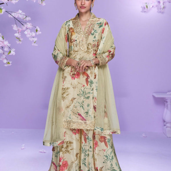 Anaita Cream Chinon Readymade Palazzo Suit with Digital Embroidery Work - Distacart