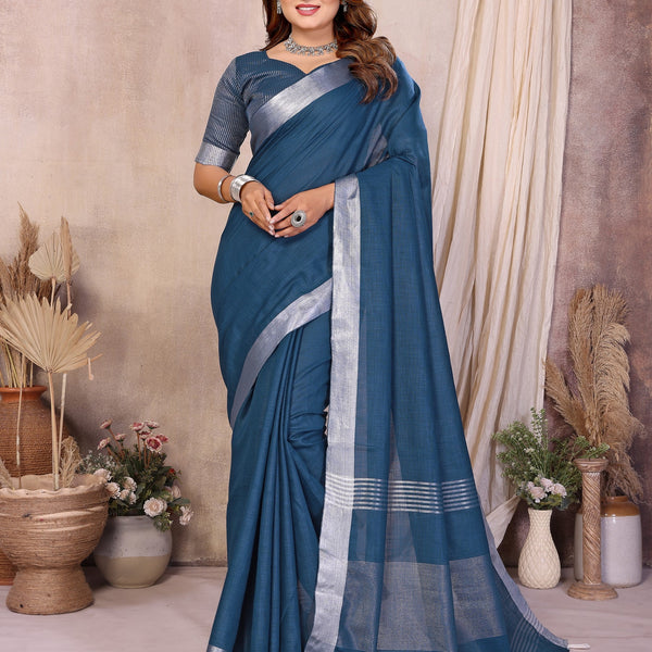 Anaita Navy Blue Weaving Linen Cotton Saree With Blouse - Distacart