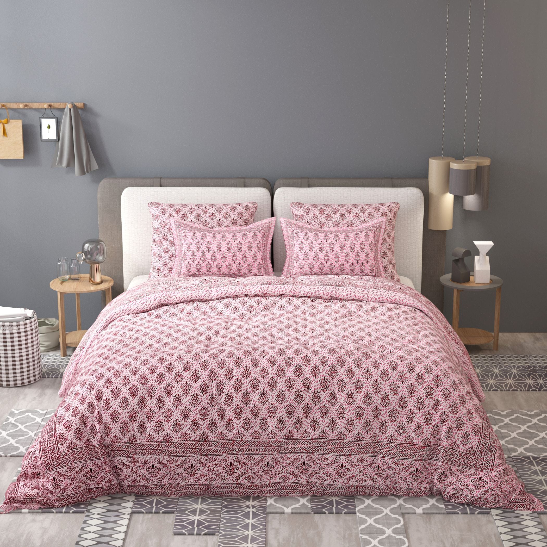 Grey Ethnic Motifs Cotton 200TC King Bedsheet With 2 Zipper Pillow Covers - King Size by House of Ree - Distacart