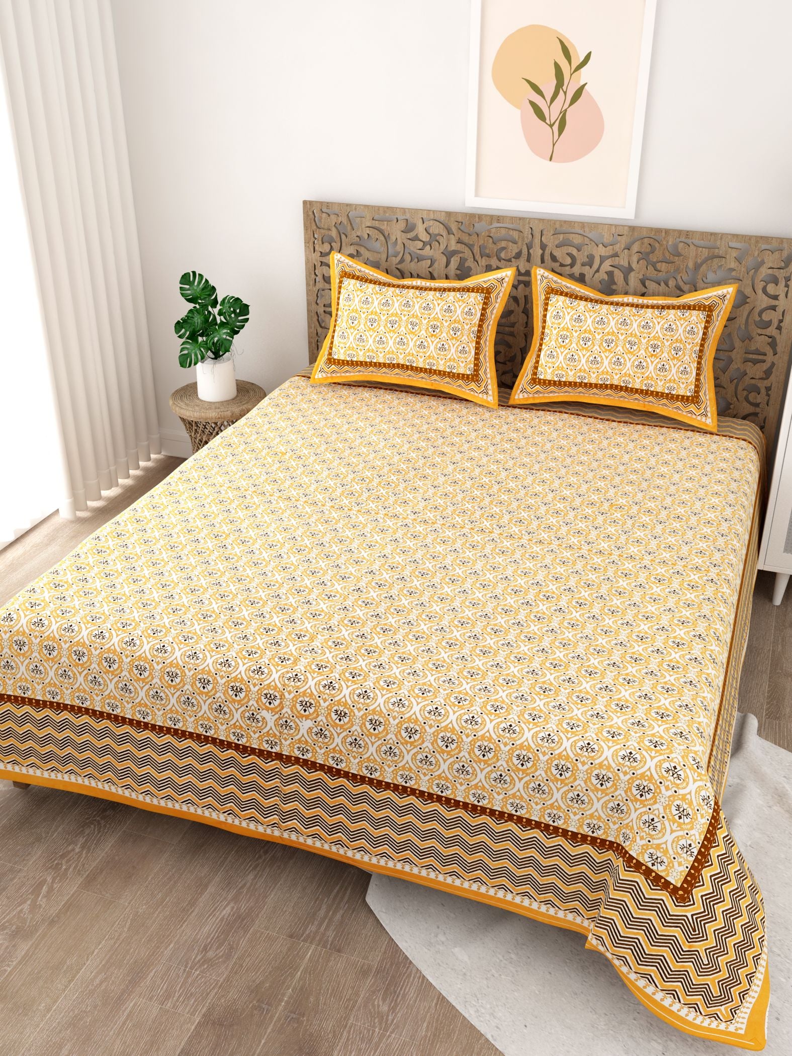 Yellow Floral Printed Cotton 200TC King Bedsheet With 2 Zipper Pillow Covers - King Size by House of Ree - Distacart