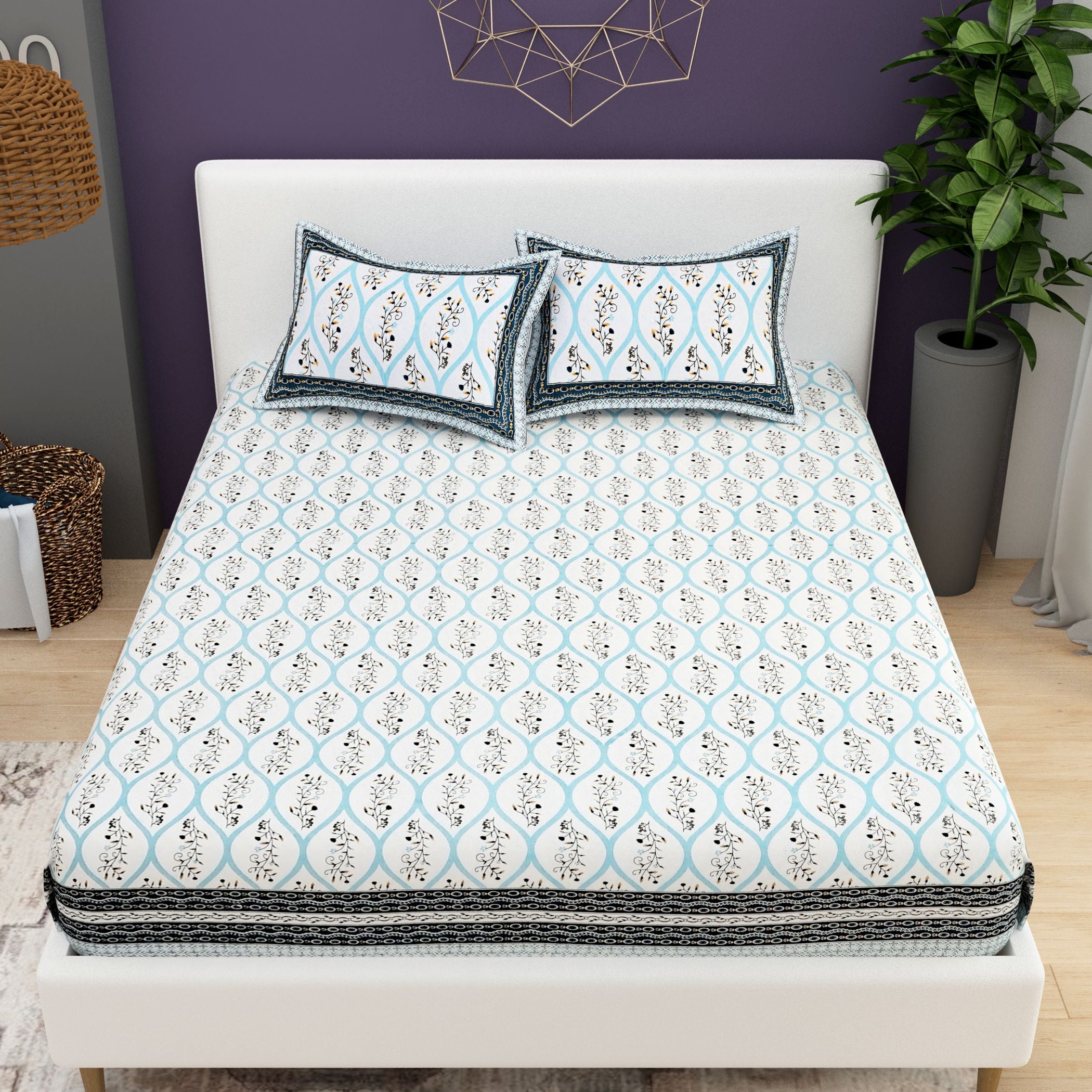 Yellow White Ethnic Motifs Cotton 200TC King Bedsheet With 2 Zipper Pillow Covers - King Size by House of Ree - Distacart