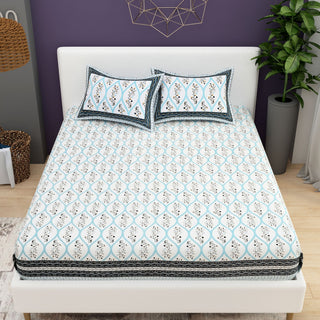 Yellow White Ethnic Motifs Cotton 200TC King Bedsheet With 2 Zipper Pillow Covers - King Size by House of Ree - Distacart