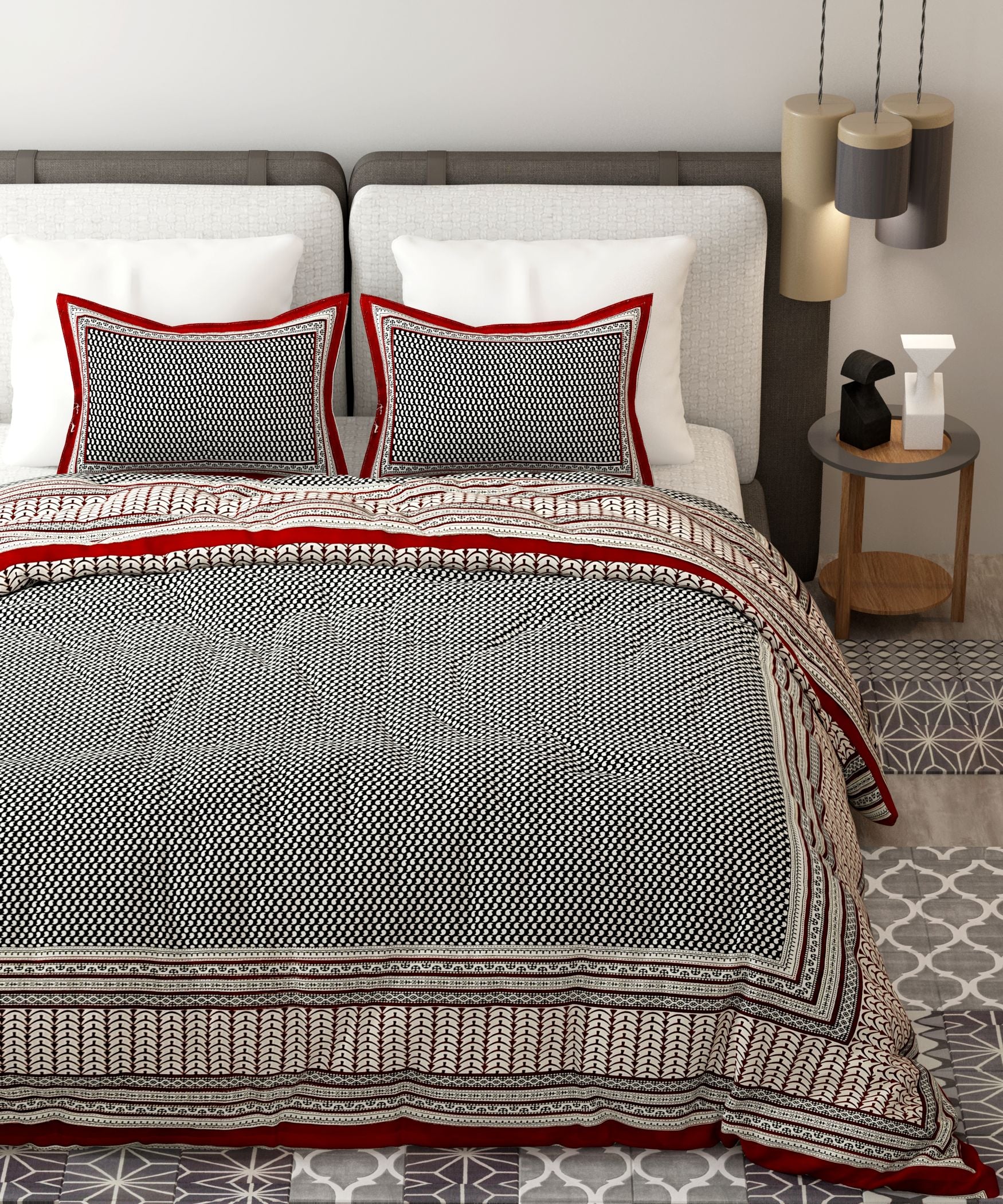 Red Brown Handblock Printed Cotton 200TC King Bedsheet With 2 Zipper Pillow Covers - King Size by House of Ree - Distacart