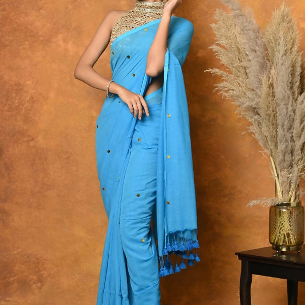 Very Much Indian Pure Mul Cotton Handloom Saree - Sky Blue - Distacart