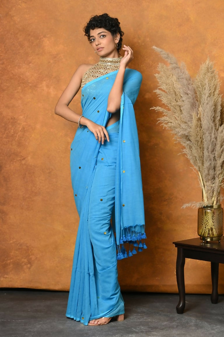 Very Much Indian Pure Mul Cotton Handloom Saree - Sky Blue - Distacart