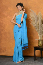 Thumbnail for Very Much Indian Pure Mul Cotton Handloom Saree - Sky Blue - Distacart