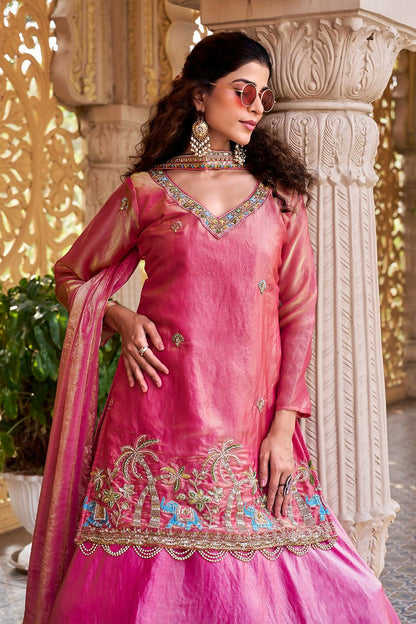 Teeya Creation Womens New Stylish Moti Beads With Cording Sequence Thread Embroidery Work Pink Kurta Set - Dista