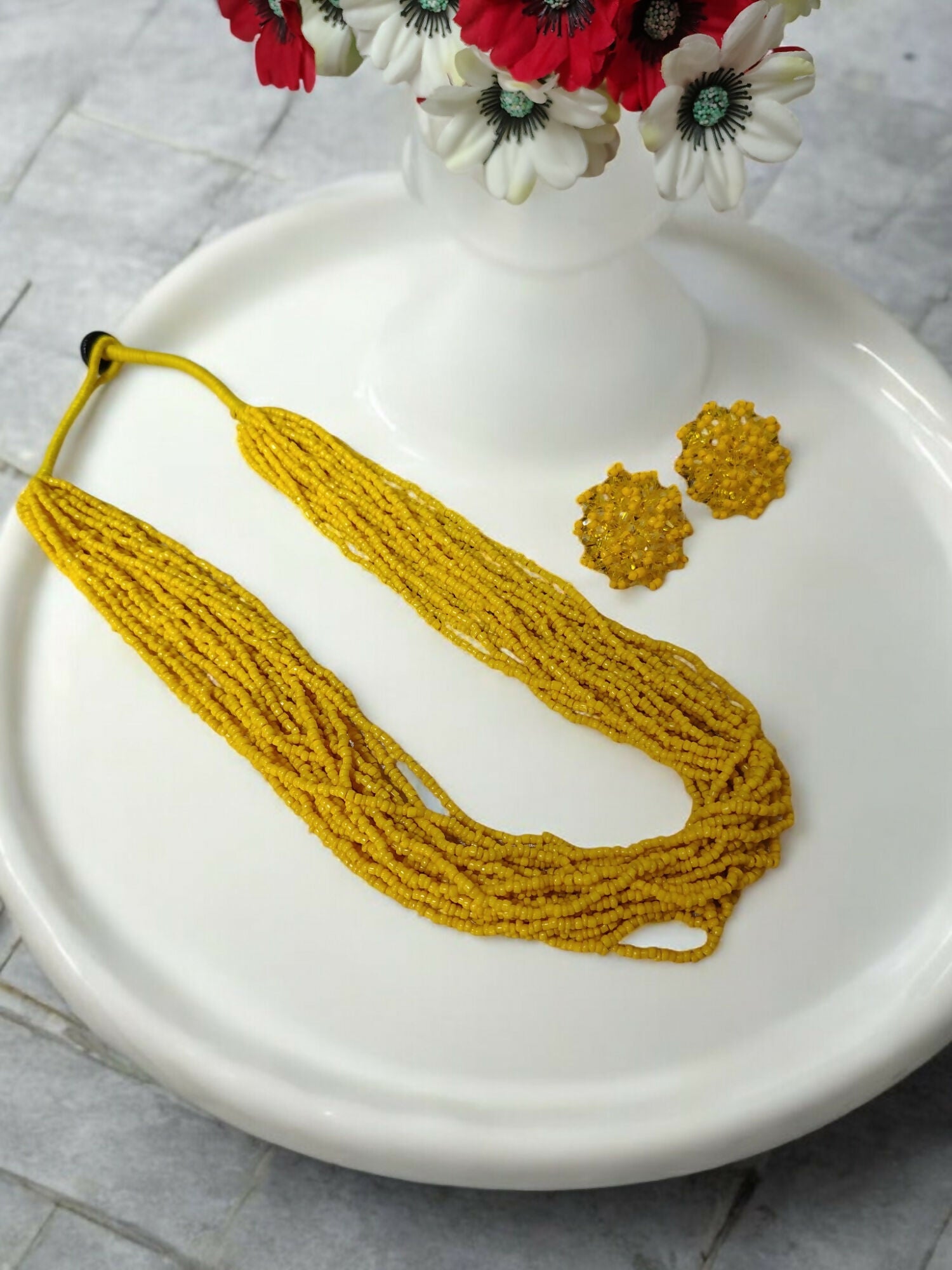 Inhanns Vibrant Handmade 20 Layers Beaded Necklace With Matching Earrings - Yellow - Distacart