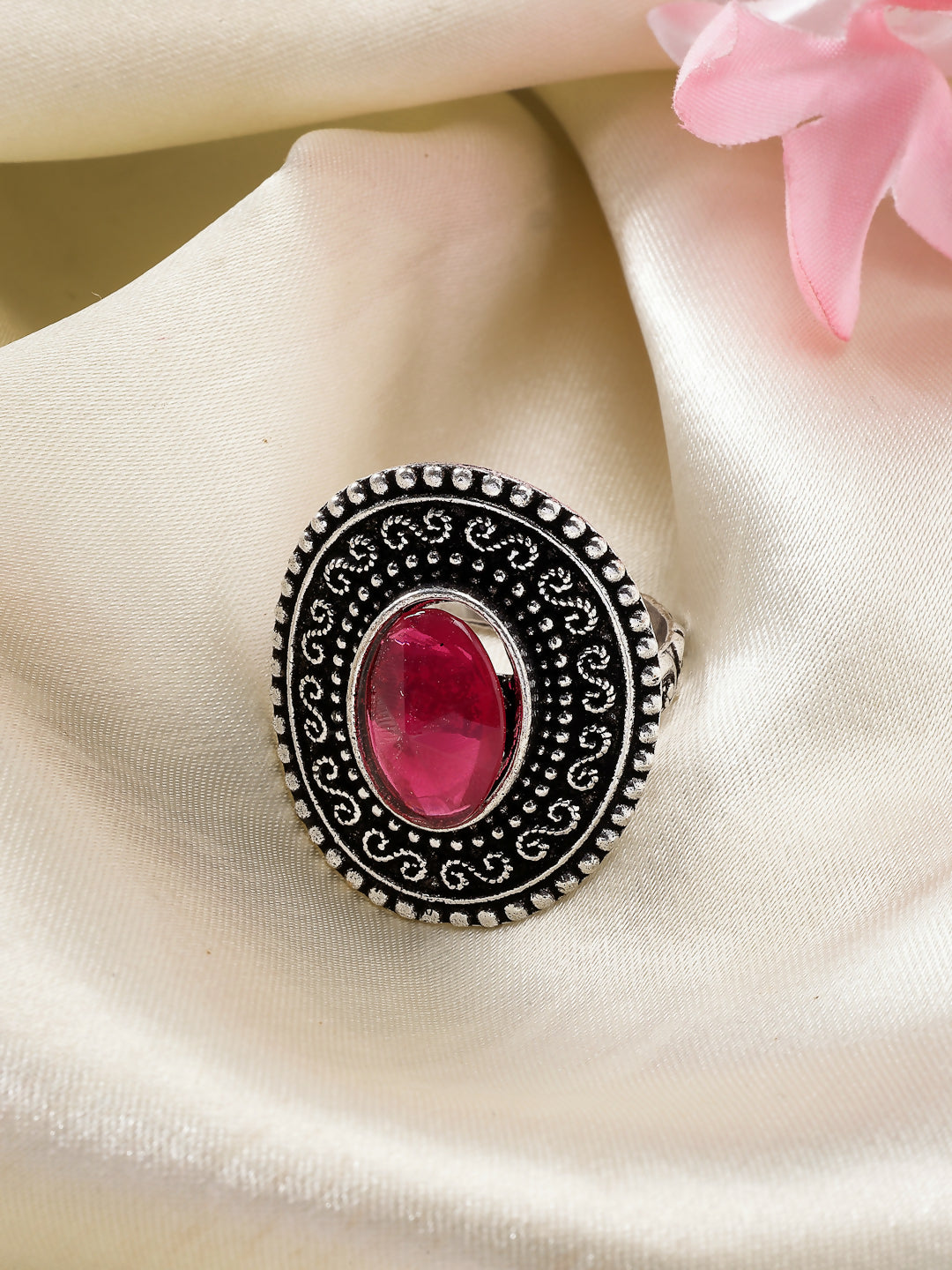 NVR Women's Pink Silver-Toned German Silver Adjustable Finger Ring - Distacart