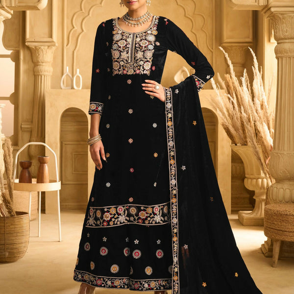 Anaita Black Embroidered Work Velvet Stitched Plazo Suit - Distacart