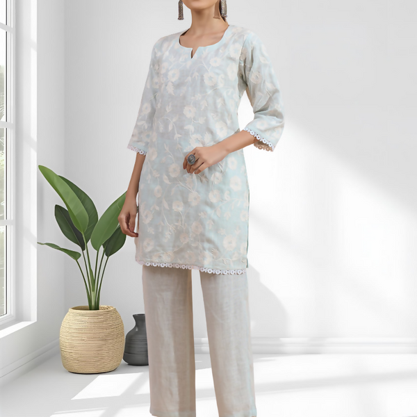 Joban Fashion Sky Blue Linen Embroidered Readymade Cord Set - Distacart