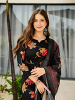 Thumbnail for The52 Black Women's Gorgeous Printed Silk Blend Fabric Straight Kurta, Pant and Dupatta Set - Distacart