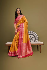 Thumbnail for Vishnu Weaves Women's Mustard Raw Silk Zari Woven Saree with Blouse - Distacart