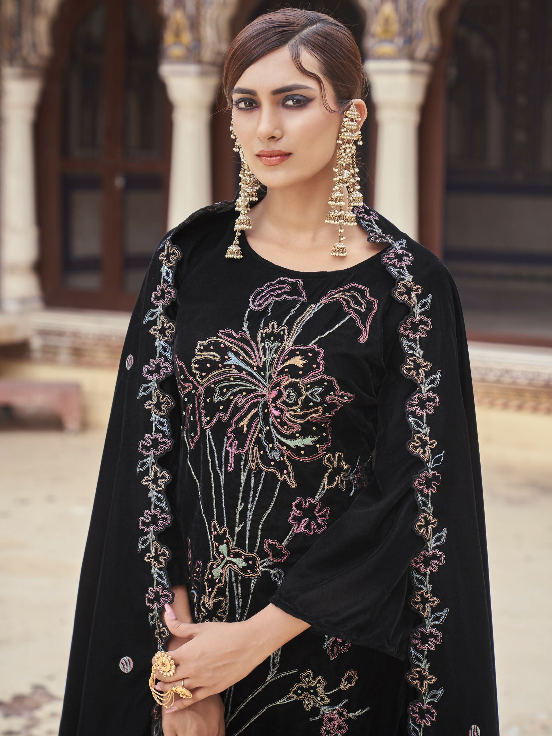 Jyoti Fashion Women's Black Velvet Resham Thread with Jari & Sequin Kurta with Trouser & Dupatta - Distacart