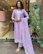 Thumbnail for The52 Lavender Women's Gorgeous Embroidered Georgette Fabric Straight Kurta Pant with Dupatta Set - Distacart
