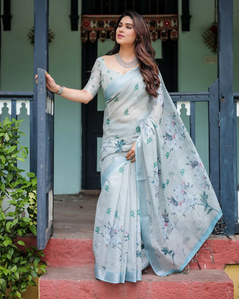 Preksha Creation Light Pastel Blue Wedding Linen Delicate Floral Digital Print Women Saree