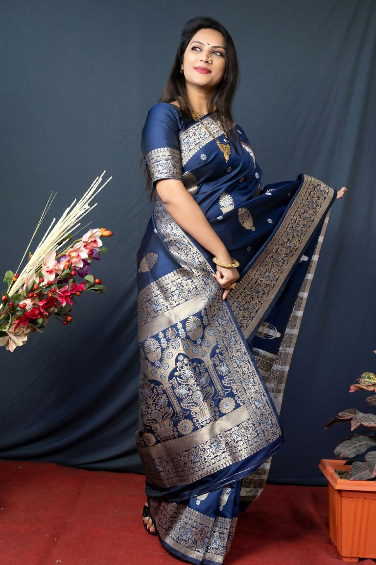 Jyoti Fashion Women's Navy Blue Paithani Silk Zari Woven Saree with Blouse - Distacart