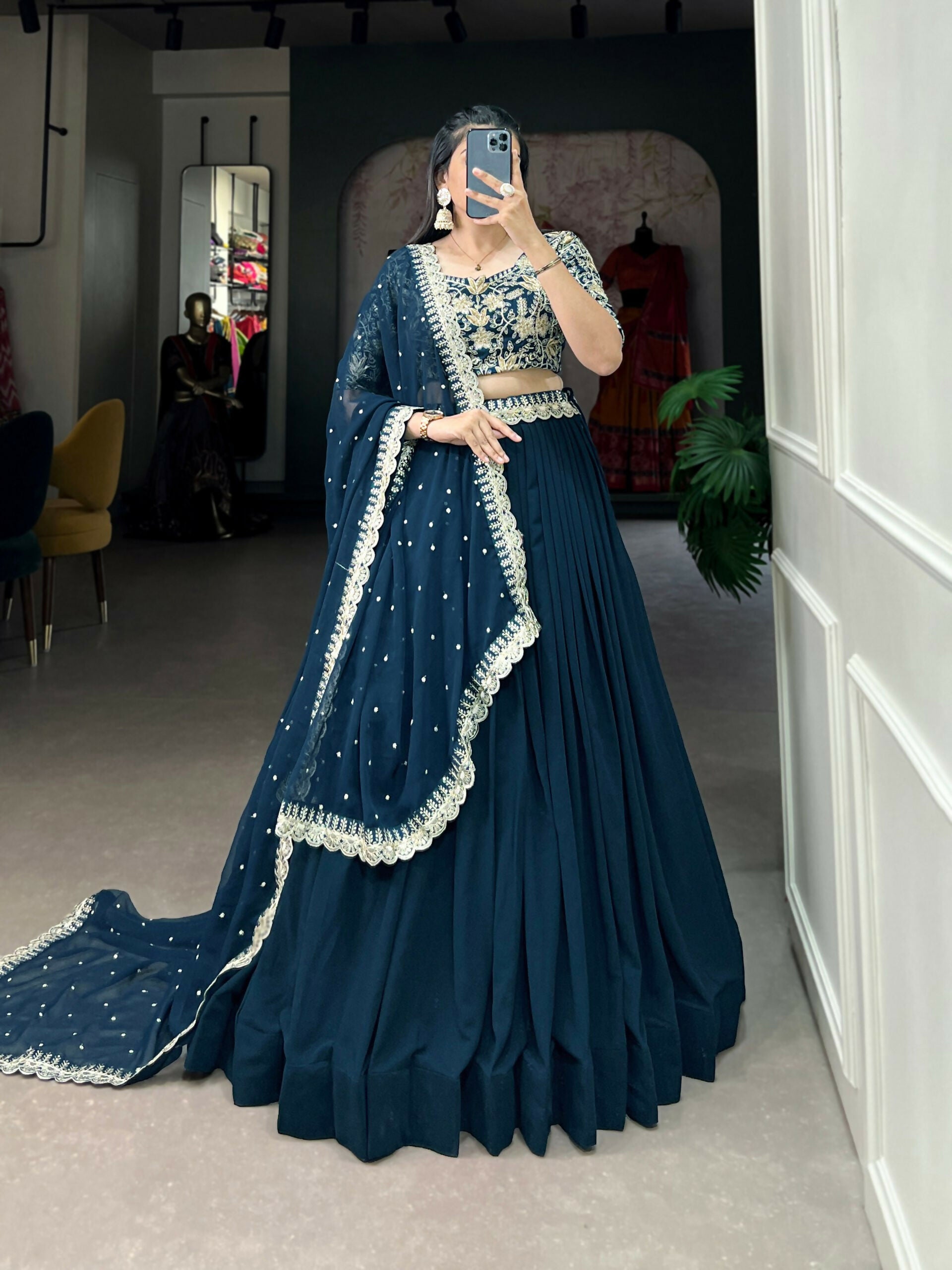 Vastranavya Gorgeous Georgette Lehenga Choli With Embroidered Banglory Blouse - Teal - Distacart