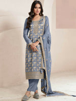 Thumbnail for Anaita Blue Viscose Muslin Stitched Suit with Sequence & Zari Work - Distacart