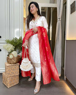 Thumbnail for The52 White Women's Beautiful Chanderi Jacquard Fabric Embroidered Work Straight Kurta Pant and Dupatta Set - Distacart