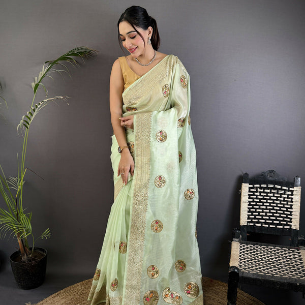 Joban Fashion Light Green Handloom Banarasi Organza Silk Khatali Butta Work Saree