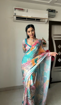 Thumbnail for Malishka Georgette Printed Ready To Wear Saree With Blouse Piece - Sky Blue - Distacart