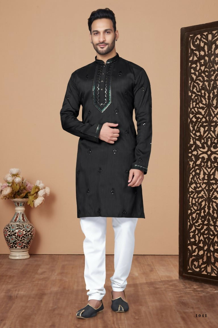 Functional Designer Men's Black Heavy Super Silk Kurta With Pant - Rudra - Distacart