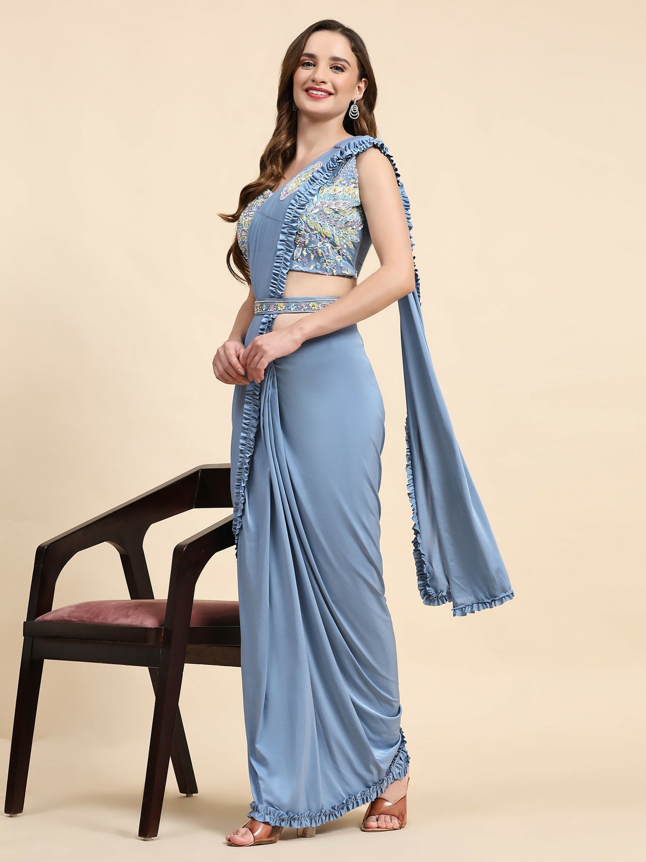 Blue Lycra Solid Ready to wear Saree with stitched Blouse - Vanita - Distacart