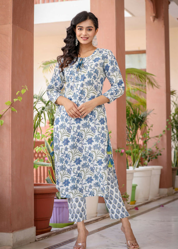 Kaajh Women's White Blue Floral Print Kurta Pant Set - Distacart