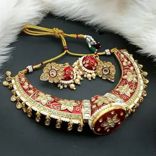 Jewel City Luxurious Red Kundan Choker Necklace Set - Traditional Indian Handcrafted Gold-Plated Jewelry with Earrings - Distacart