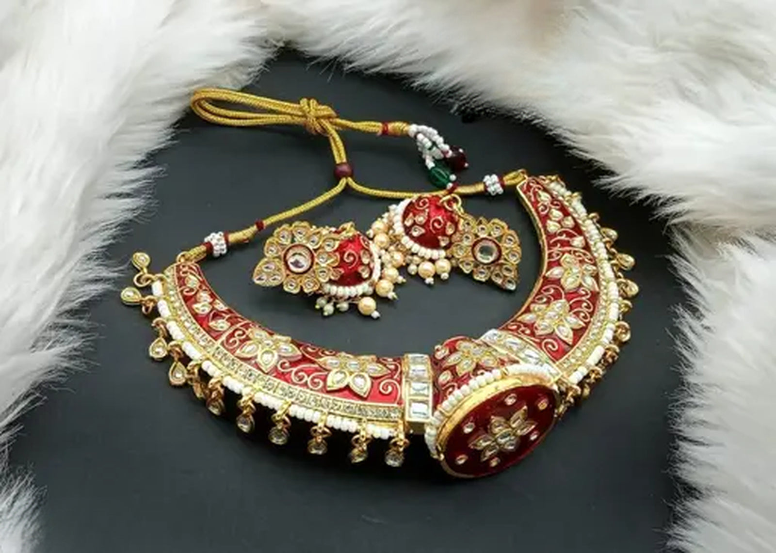 Jewel City Luxurious Red Kundan Choker Necklace Set - Traditional Indian Handcrafted Gold-Plated Jewelry with Earrings - Distacart
