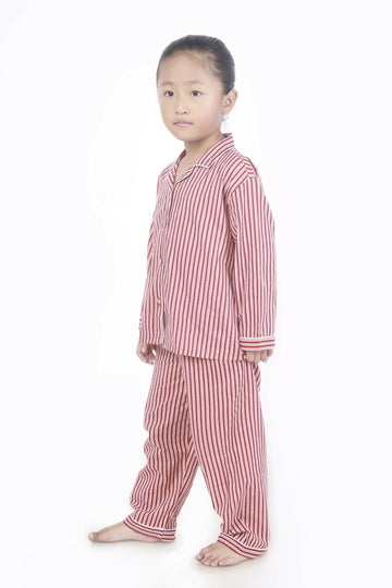 Breathables Kids Cotton Night Suit – Red & White Striped Shirt & Pyjama Co-Ord Set For Boys & Girls - Dista
