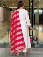 Thumbnail for The52 White Women's Gorgeous Embroidered Work Chanderi Fabric Flared Kurta Pant and Dupatta Set - Distacart