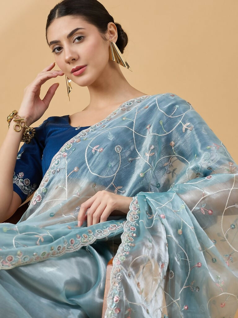Blue Organza Sequence Embroidered Saree with Unstitched Blouse - Satya - Distacart