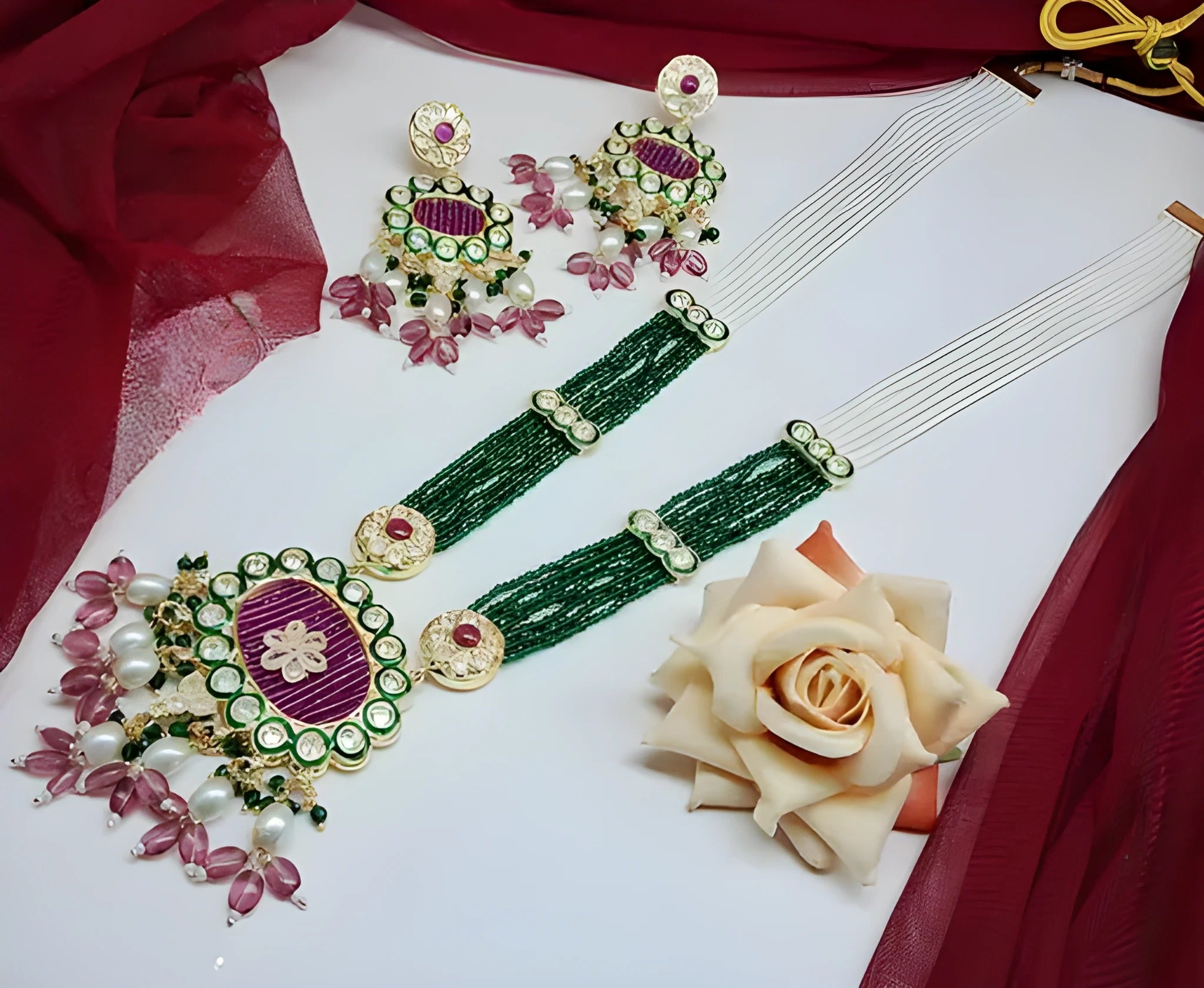 Jewel City Emerald Green Kundan Crystal Maharani Har Long Set - Luxurious Traditional Indian Jewelry - Distacart