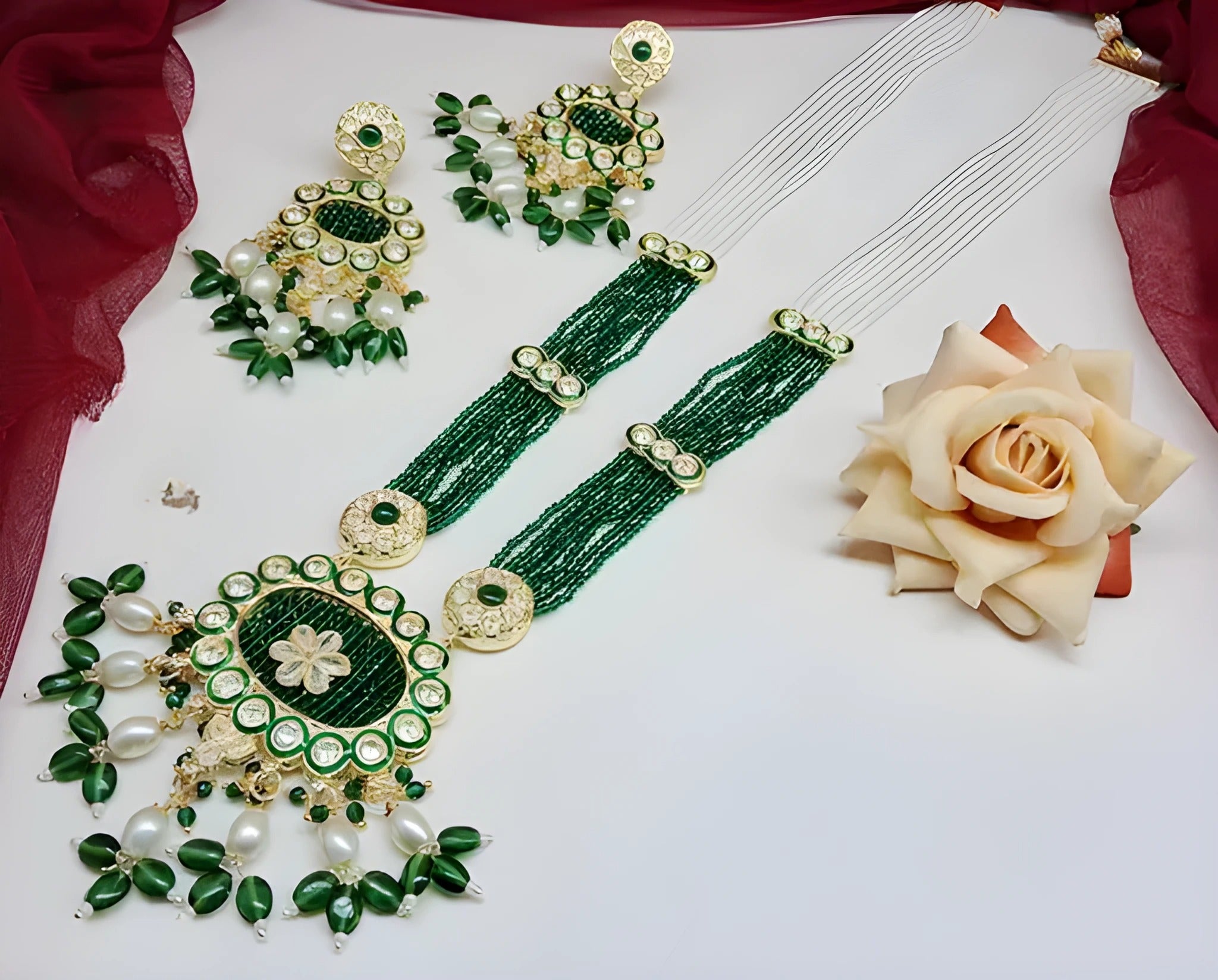 Jewel City Emerald Green Kundan Crystal Maharani Har Long Set - Luxurious Traditional Indian Jewelry - Distacart
