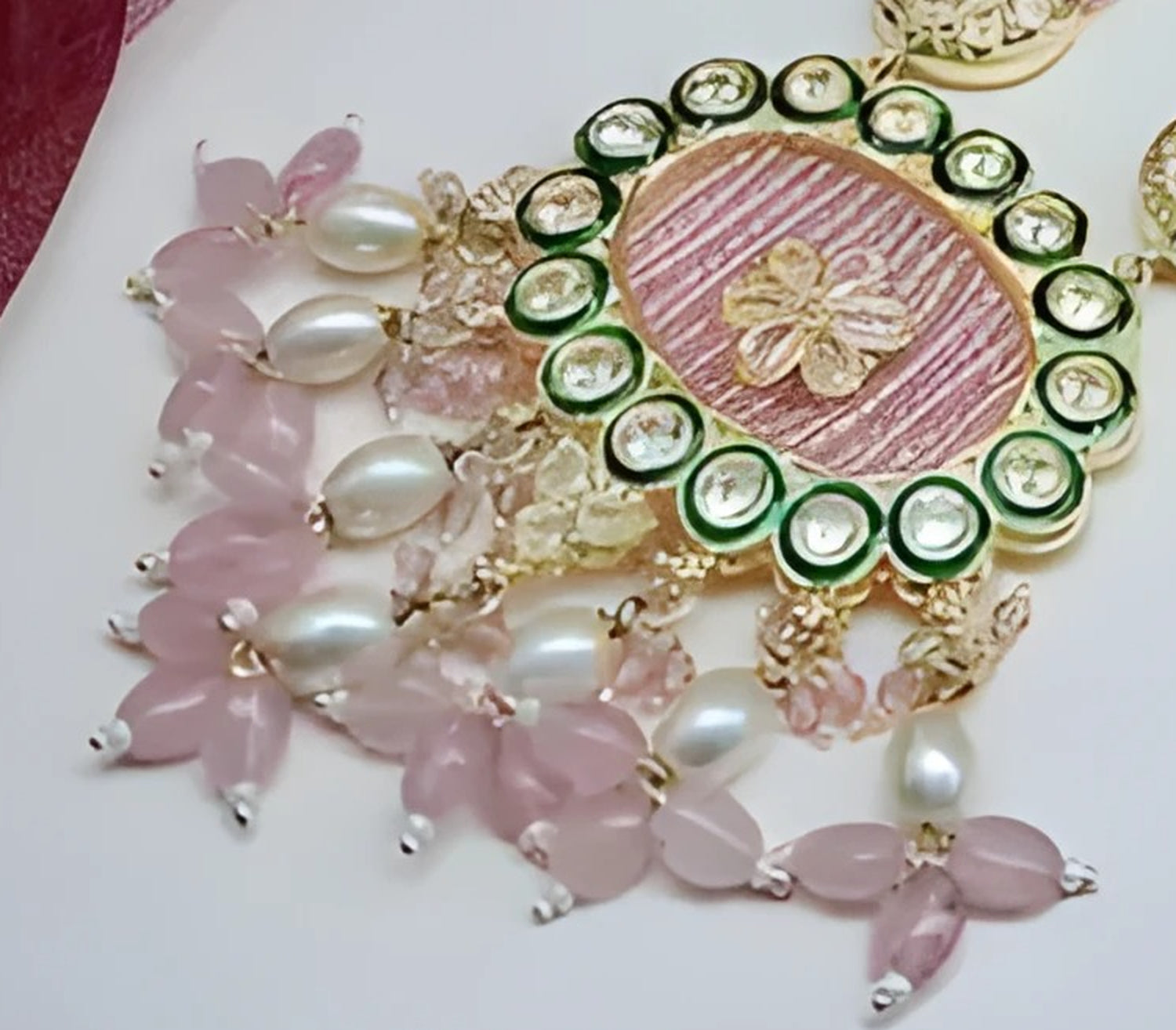 Jewel City Handcrafted Kundan Meenakari Polki Rose Quartz Statement Necklace Set - Ethnic Bridal Elegance