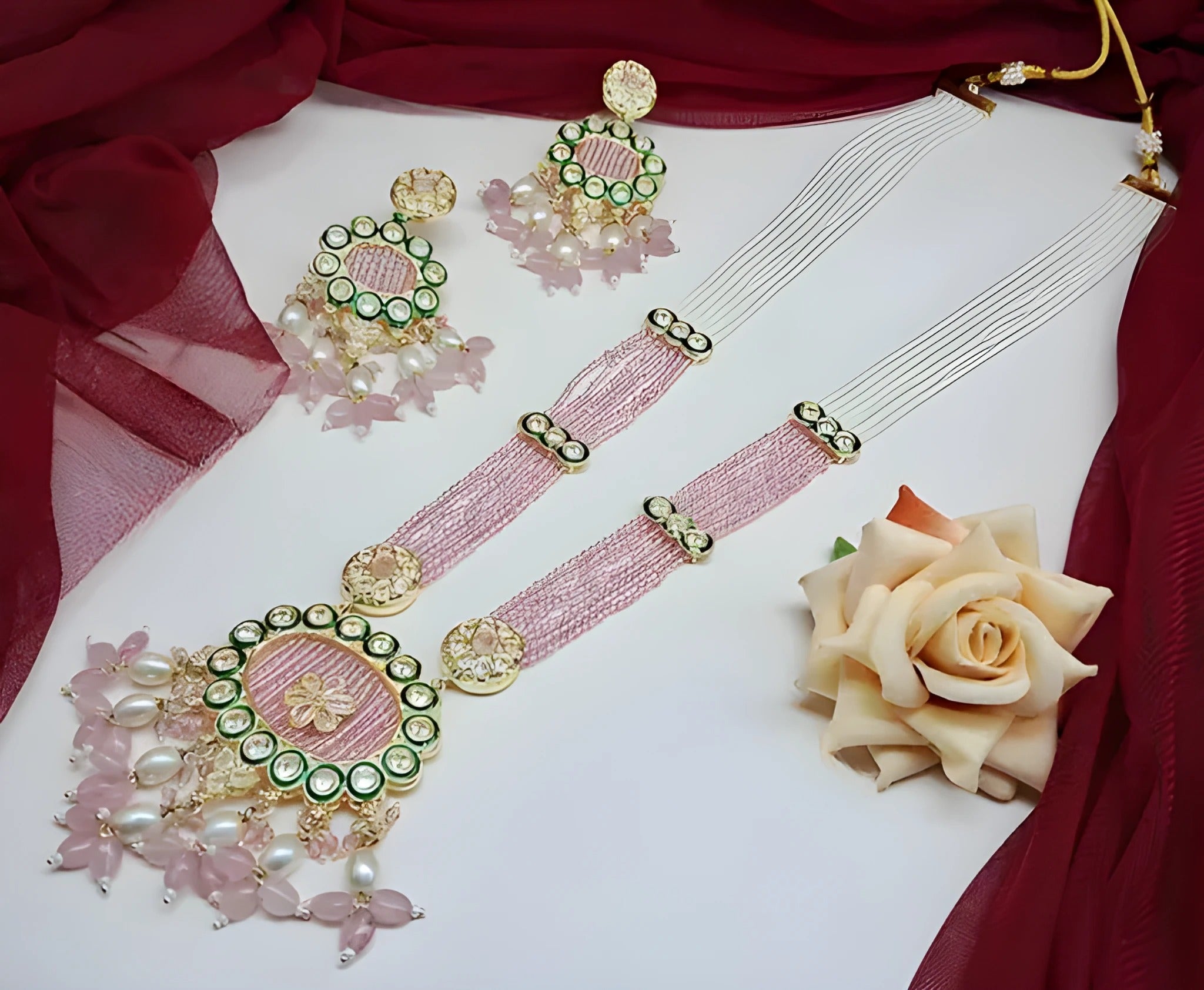 Jewel City Handcrafted Kundan Meenakari Polki Rose Quartz Statement Necklace Set - Ethnic Bridal Elegance