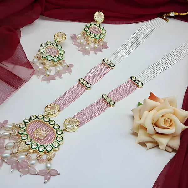 Jewel City Handcrafted Kundan Meenakari Polki Rose Quartz Statement Necklace Set - Ethnic Bridal Elegance - Distacart